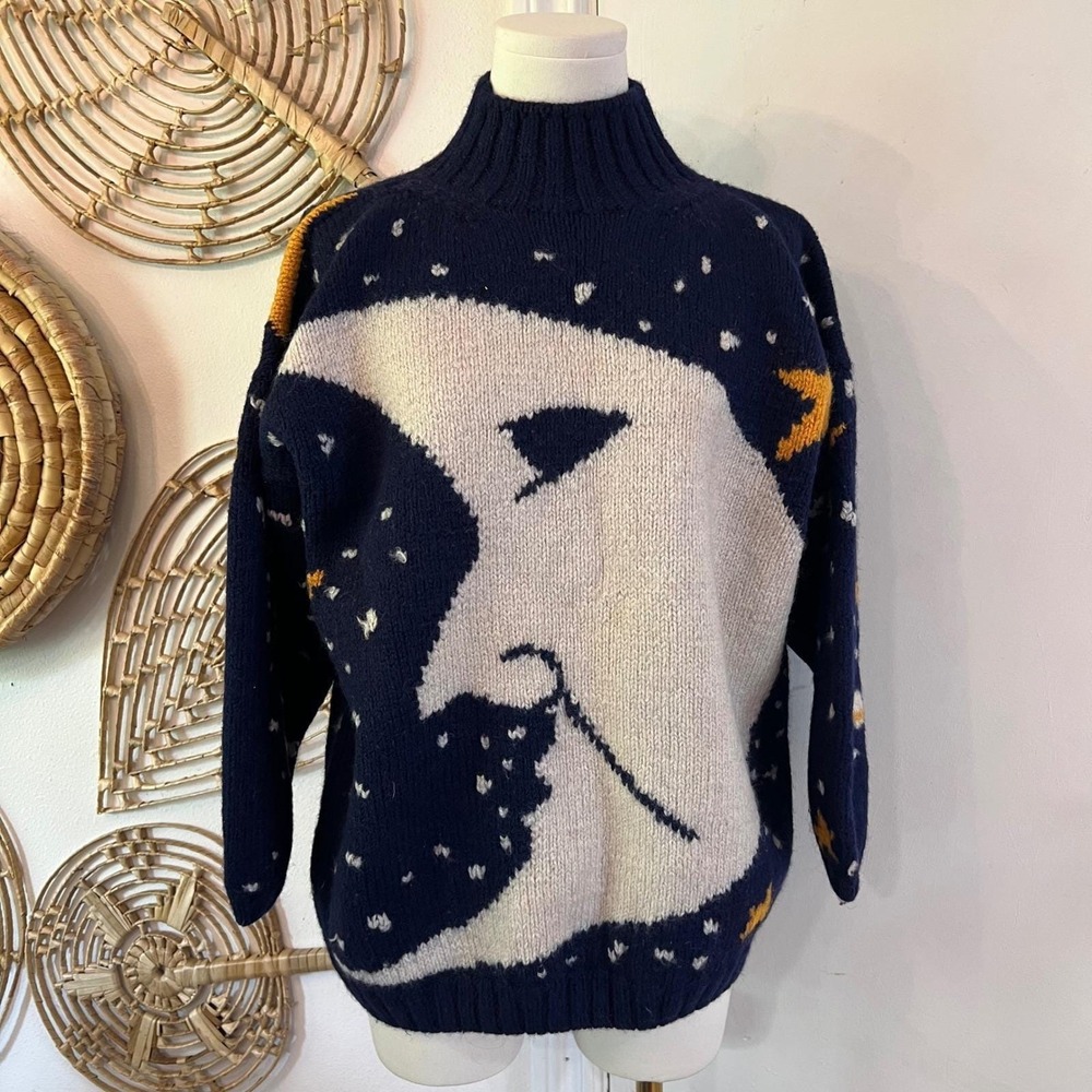 Vintage Apparenza Navy Blue 100% Wool Handknit Moon Star Celestial Sweater M - Picture 2 of 9